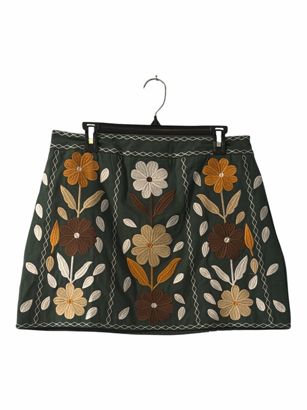 Retro Embroidered Floral Mini Skirt Hunter Green Mod 70s Daisy Size L J.Marie